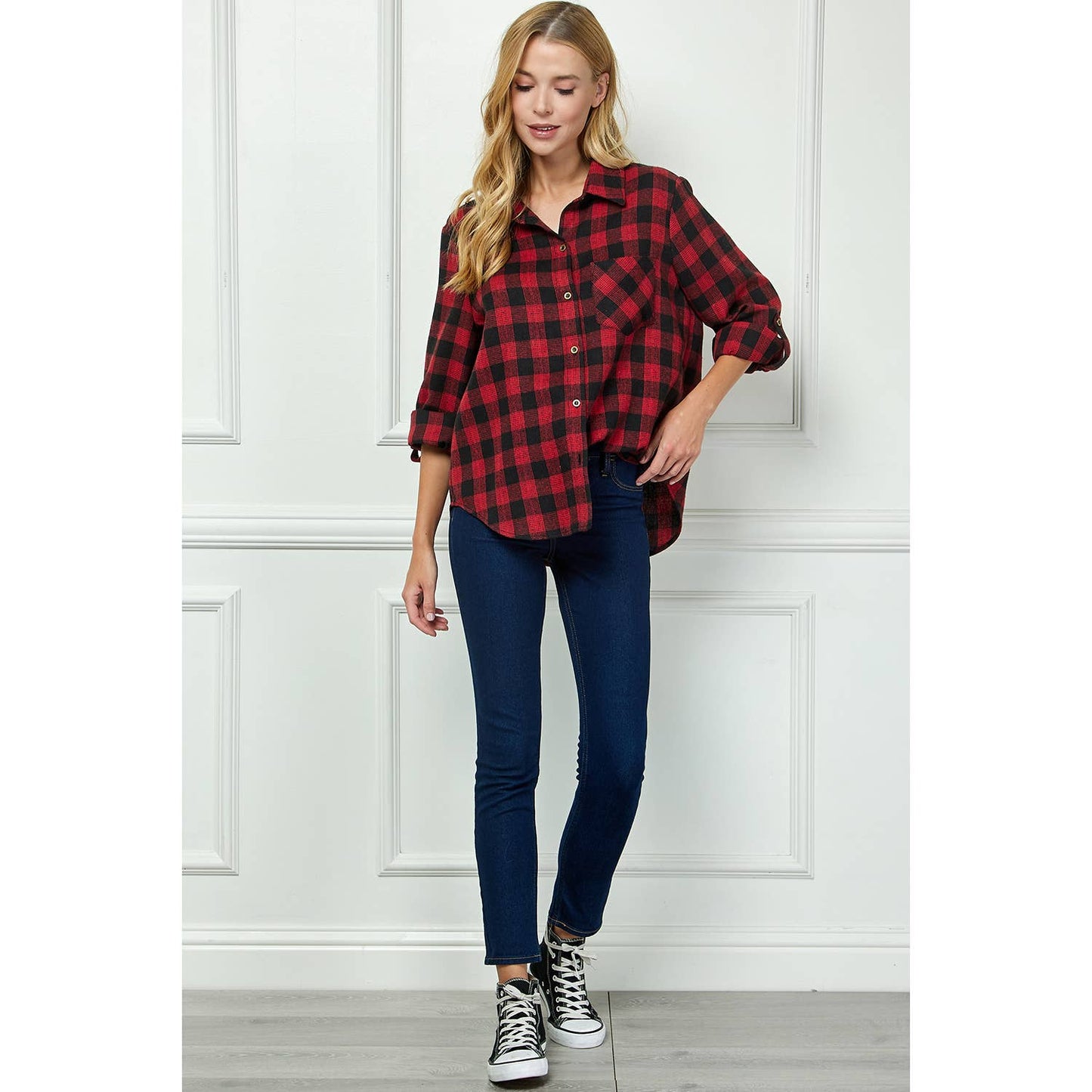 PLAID FLANNEL ROLL SLEEVES COLLAR NECK SHIRTS : BK/RD / L
