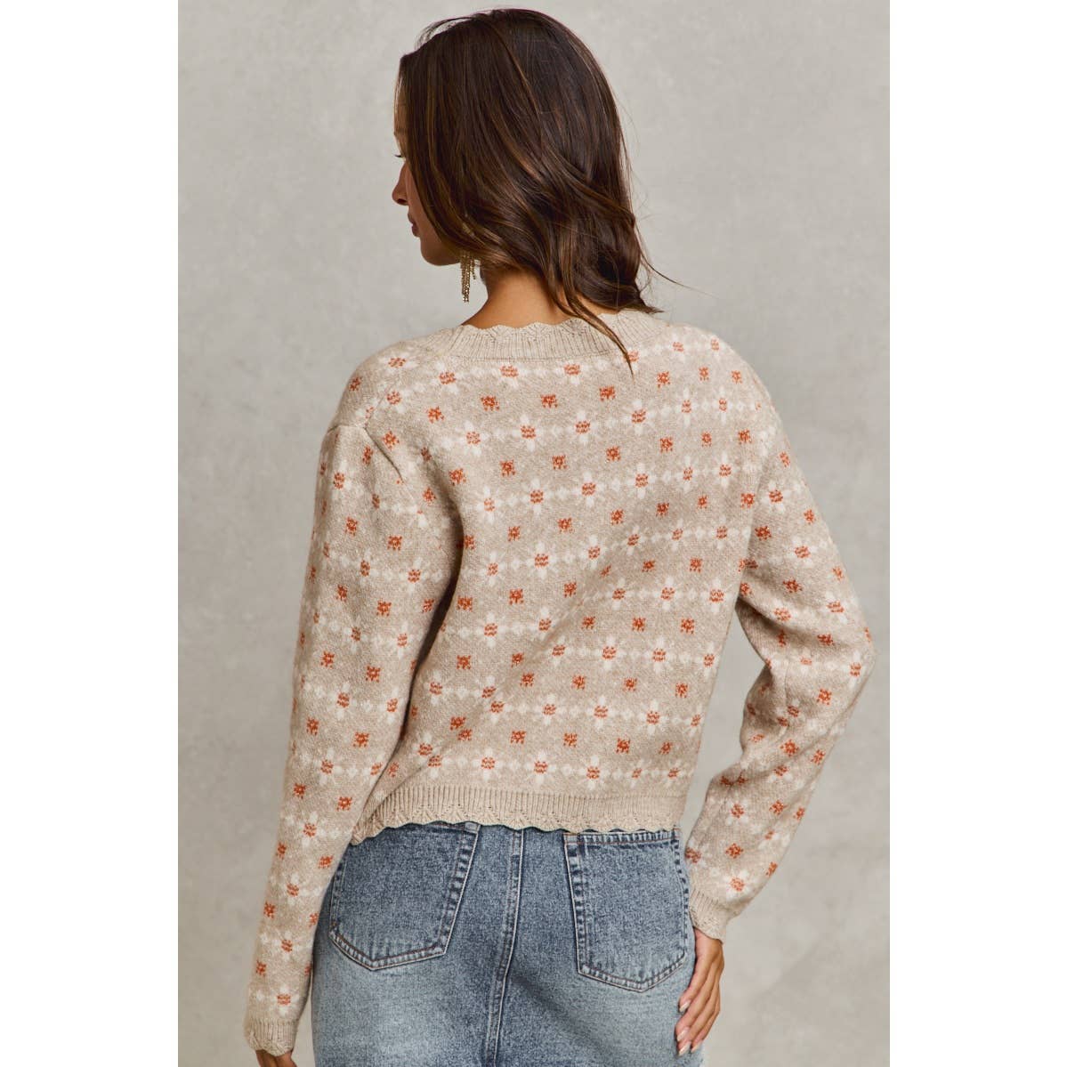 XL FLORAL PATTERNED BUTTON DOWN SWEATER CARDIGAN: GREY OATMEAL / XL