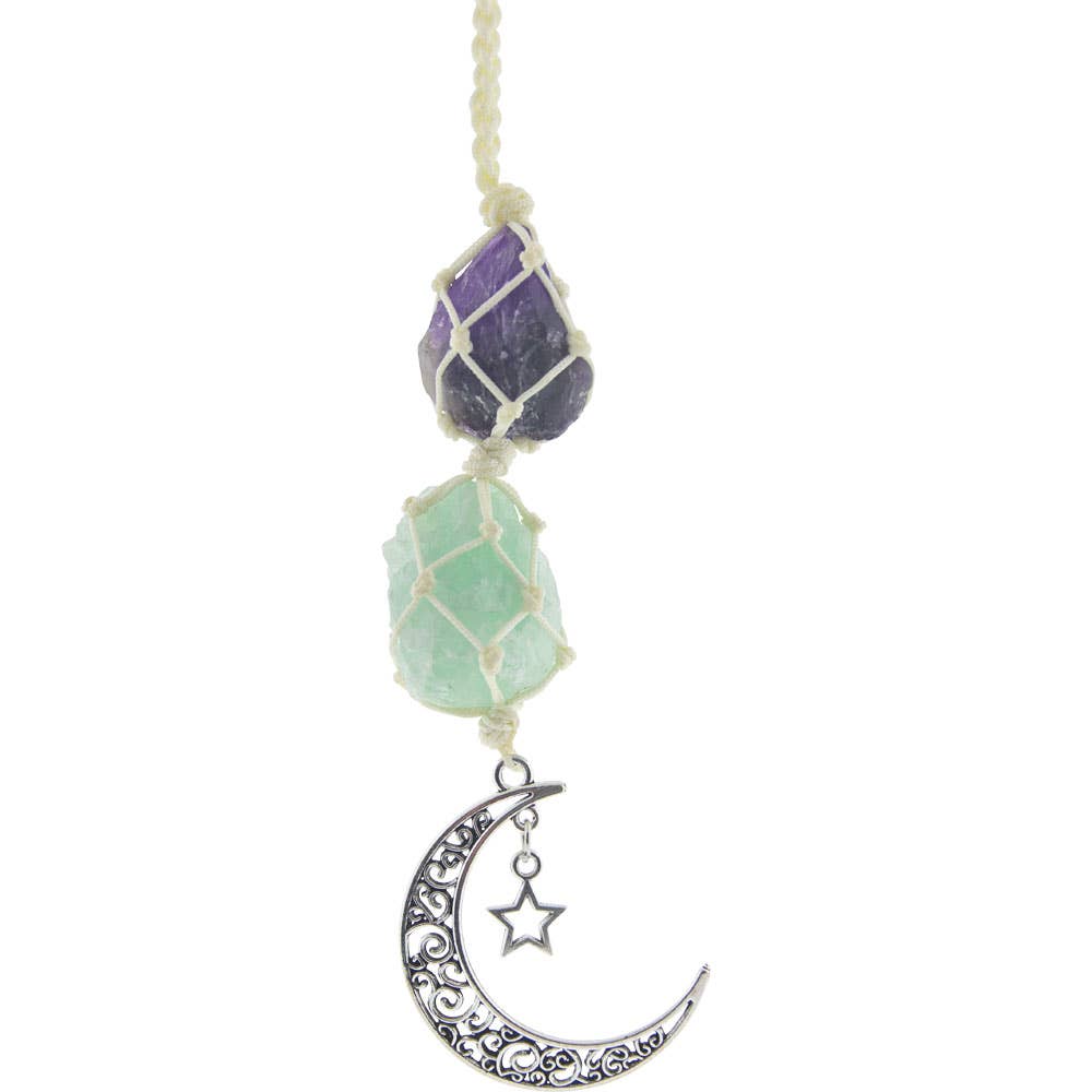 Hanging Rough Crystal String w/ Moon - Amethyst & Green