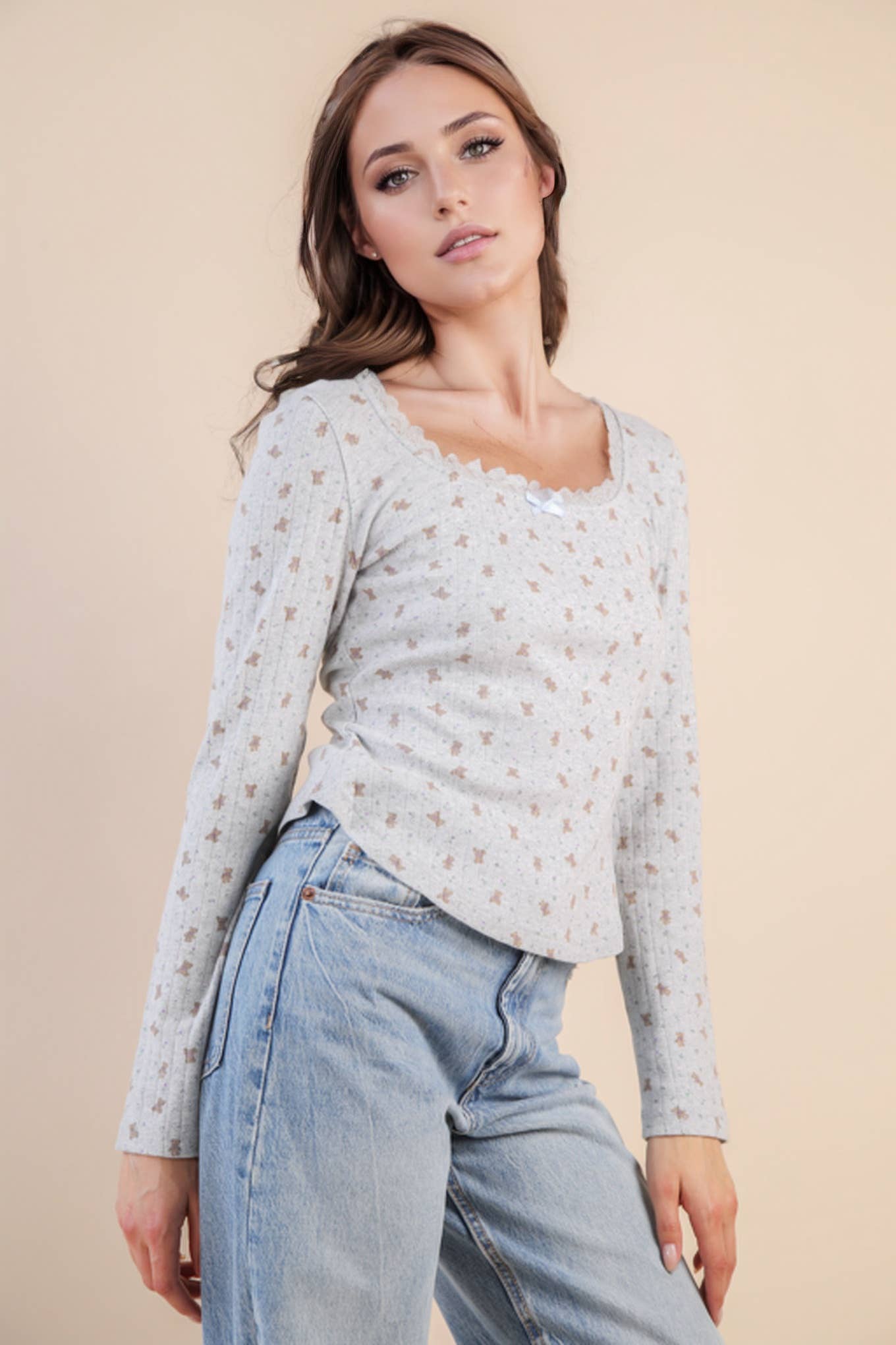 NT12410-Printed Fitted Casual Knit Top: CREAM TEDDY BEAR / S-M-L/2-2-2