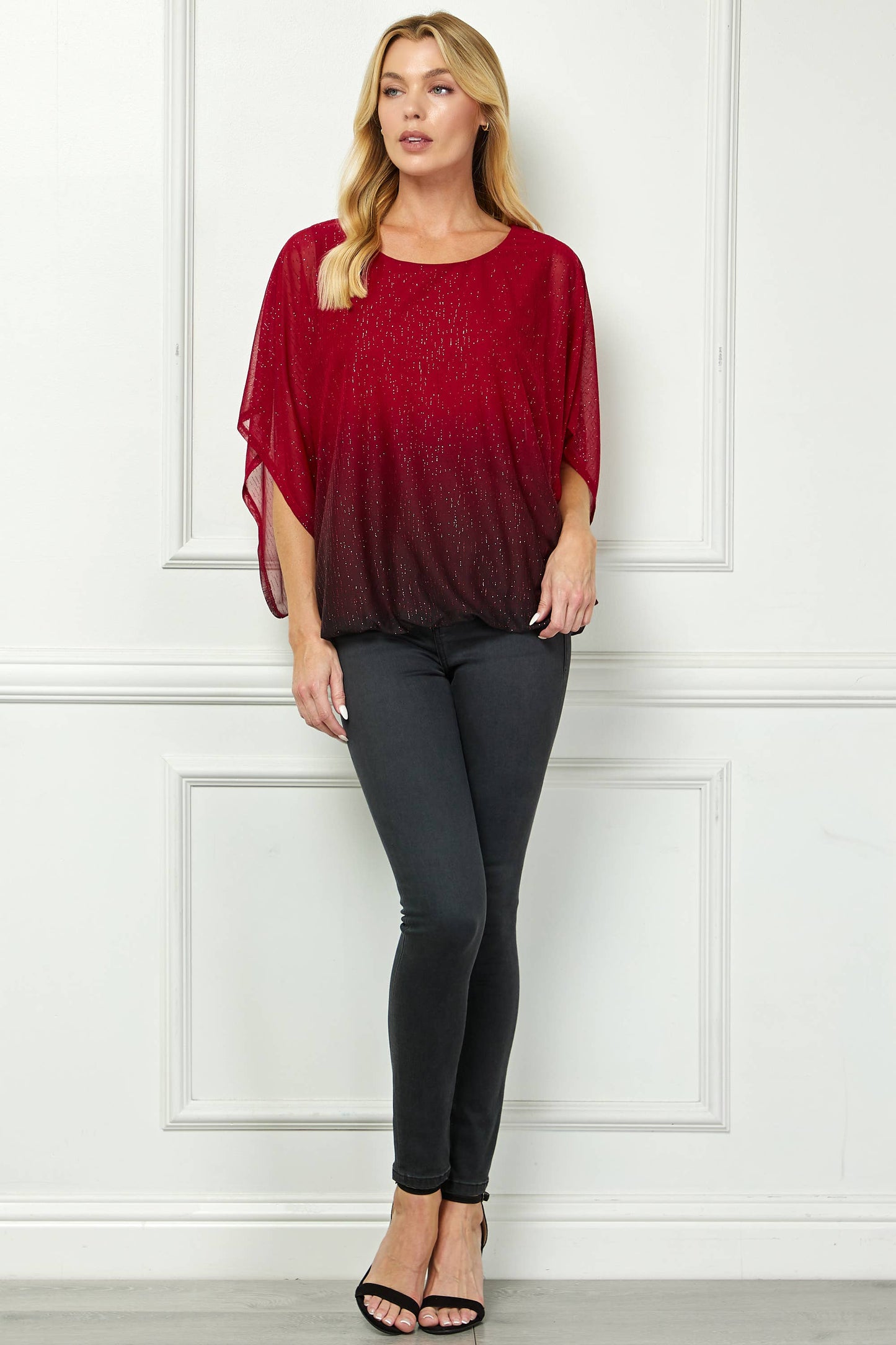 LUMINOUS GRACE DOLMAN BUBBLE BLOUSE: Stone/Black/Rose /S