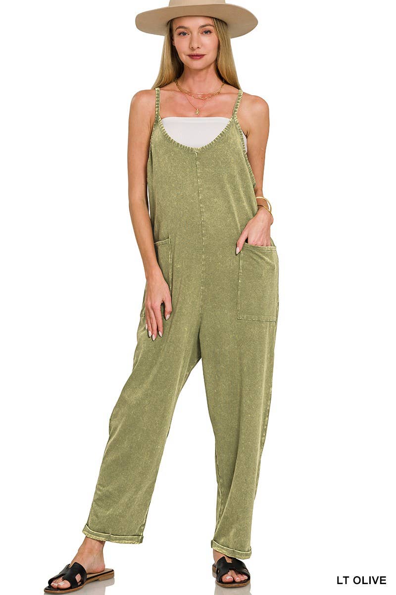 Washed Spaghetti Straps Overalls With Pockets: B LAVENDER