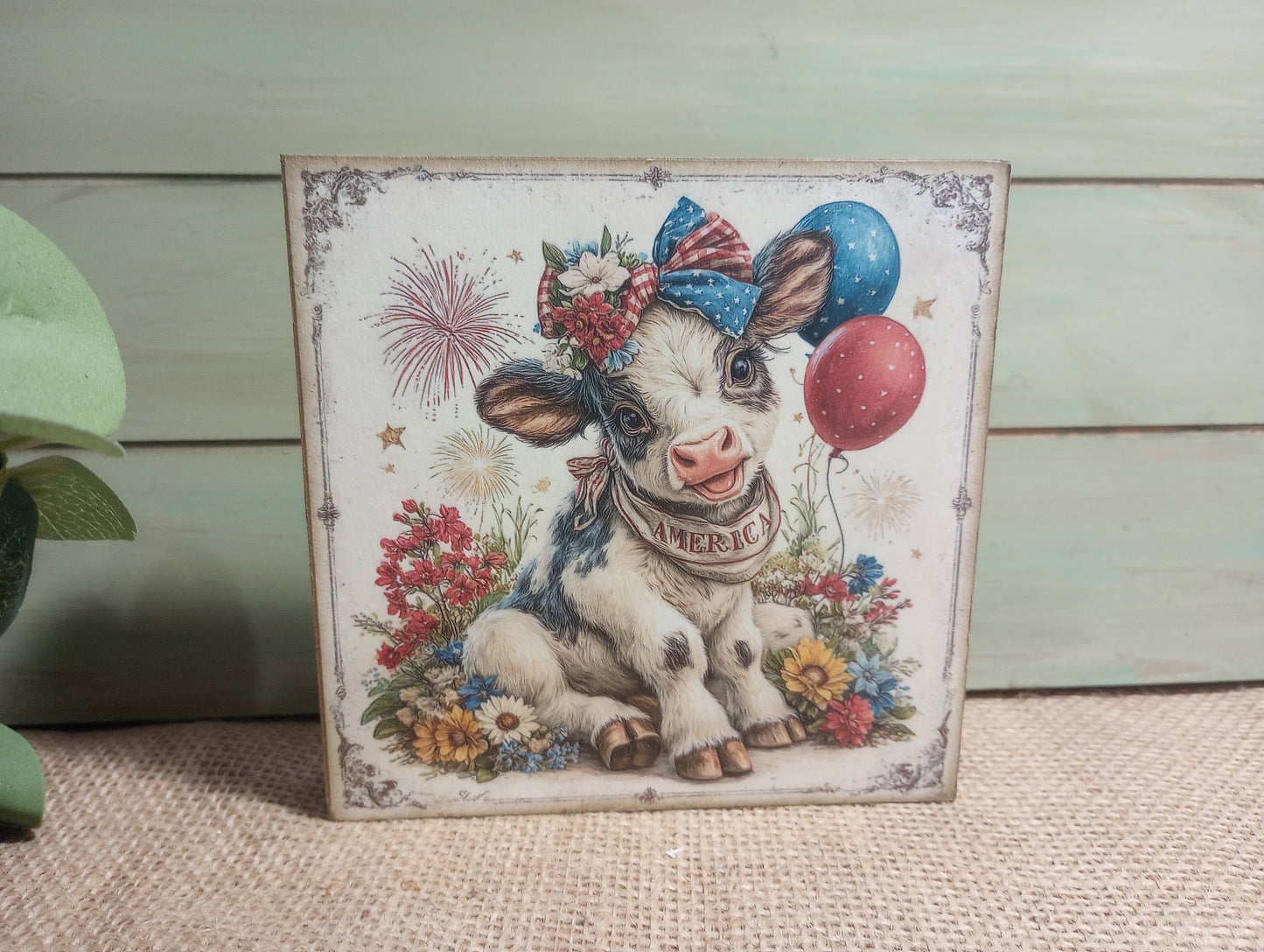 Highland Cow America Wood Block Sign - D