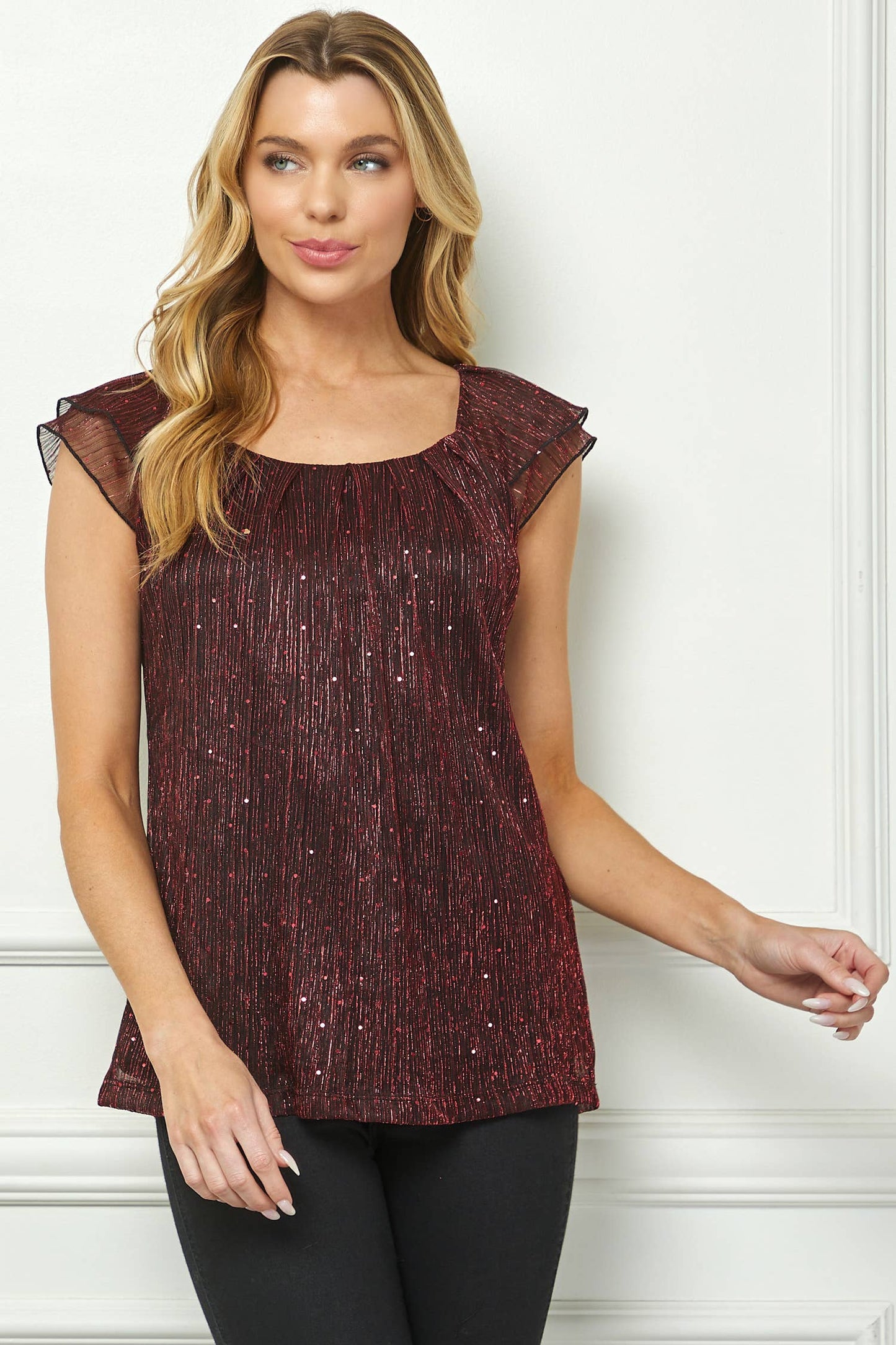 MOONLIGHT GLEAM PLEATED FLUTTER BLOUSE : Red/Black/Red / L