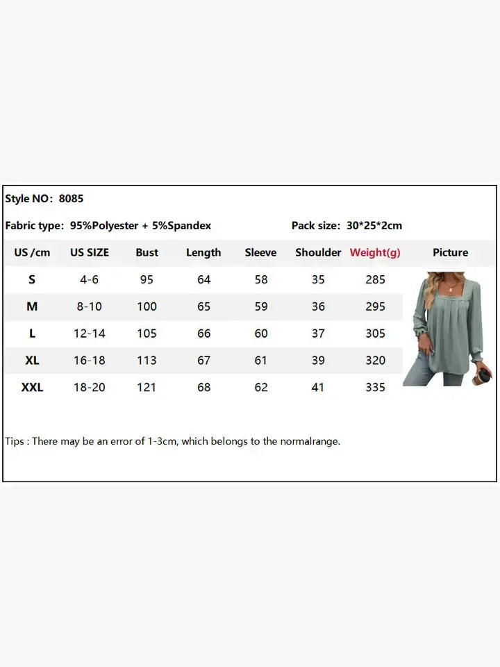 Trendy Square Neck Pleated Long Sleeve Top: Black / 95%polyester+5%spandex / S