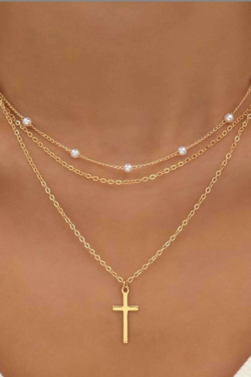 Gold Plated Cross Pendant Pearl Decor Triple Layer Chain Necklace: Gold / 100%Alloy / ONE SIZE