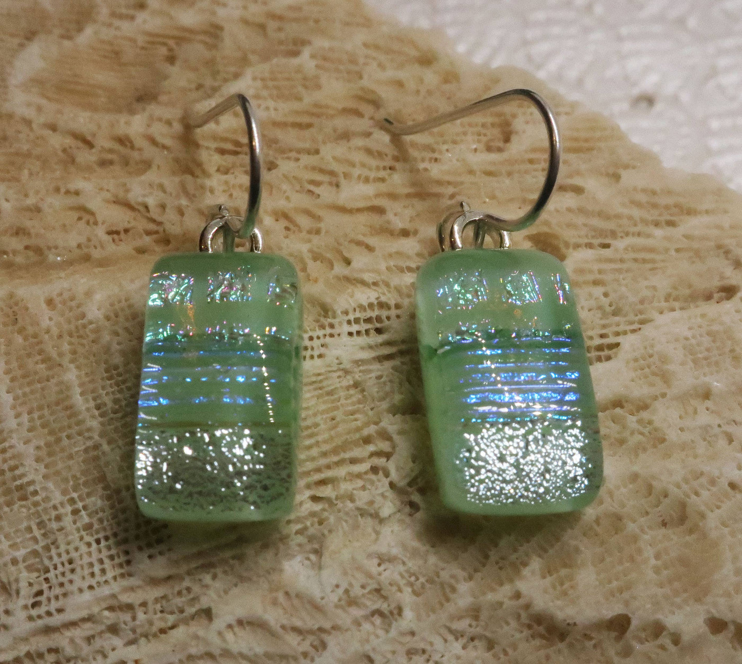 Sterling Silver dichroic glass LT Green dangle earrings #452
