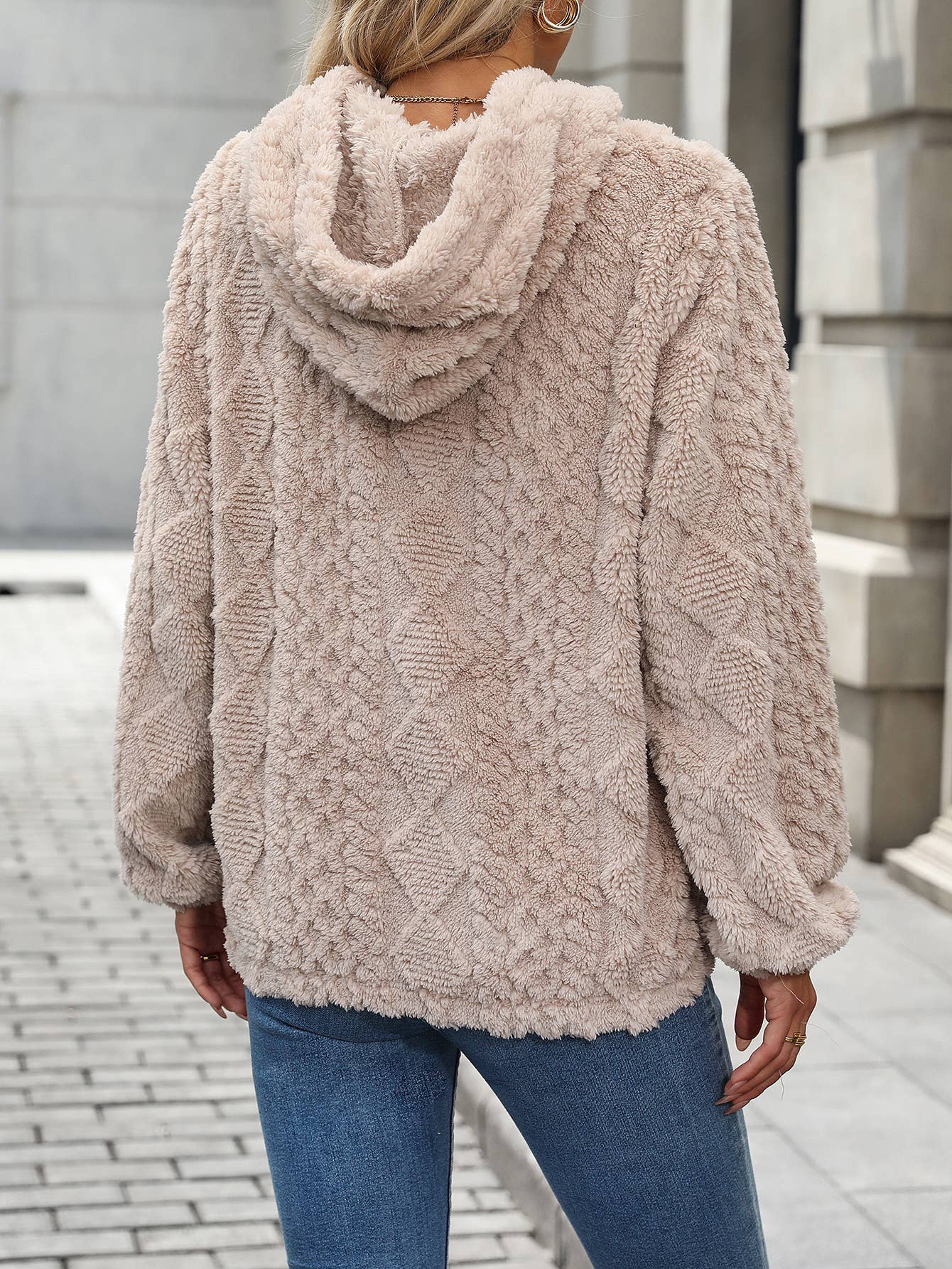FLEECE JACQUARD FABRIC LONG-SLEEVED HOODED JUMPER: KHAKI / (L) 1