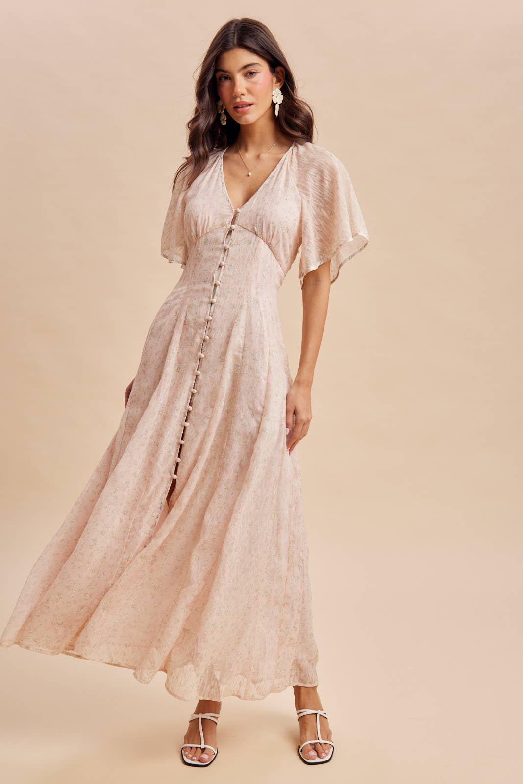 FLOWY FLUTTER SLEEVE BUTTON DOWN MAXI DRESS: DUSTY PINK / S
