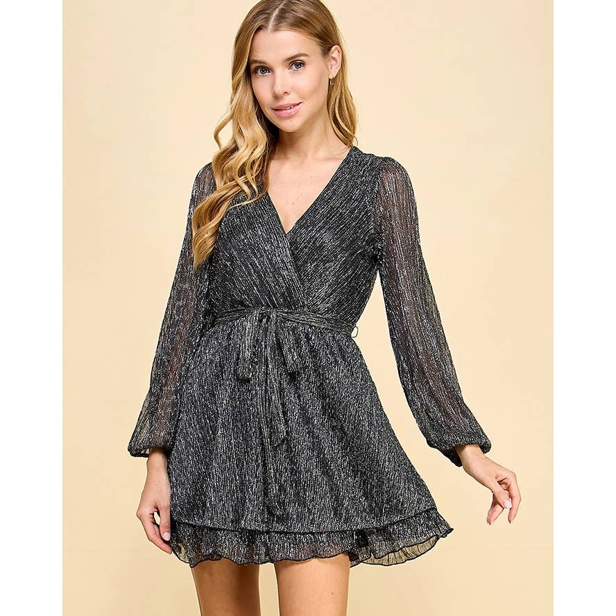 LONG SLEEVE DOUBLE TIER MOONLIGHT DRESS A5890U687: Silver / M