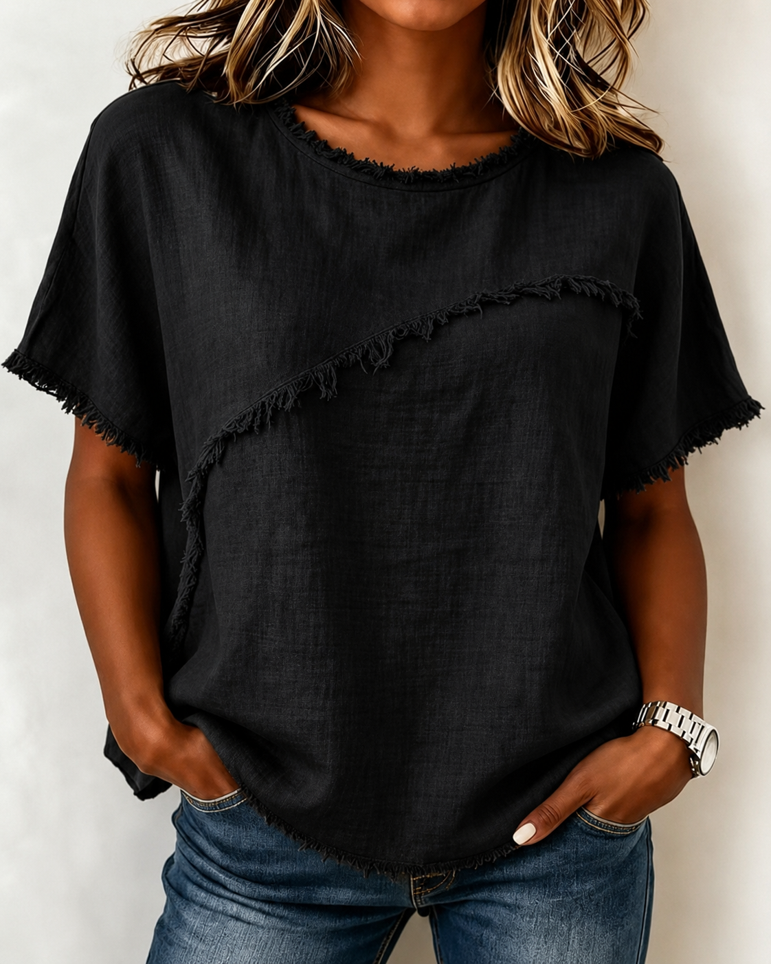 M Frayed Edge Linen Blend Top Round Neck Short Sleeve Casual: Light Green
