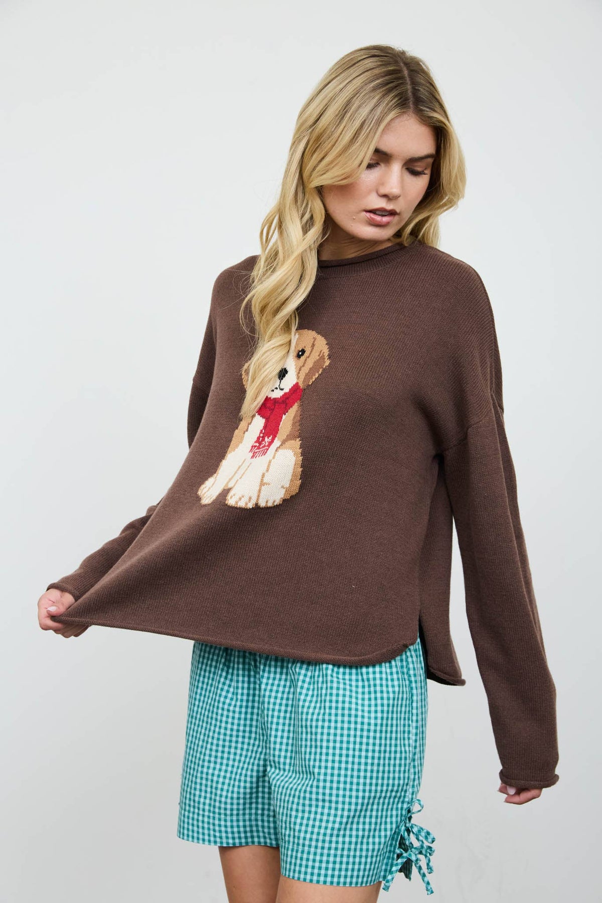 PUPPY MOTIF CREW NECK KNIT PULLOVER: CHOCOLATE BROWN