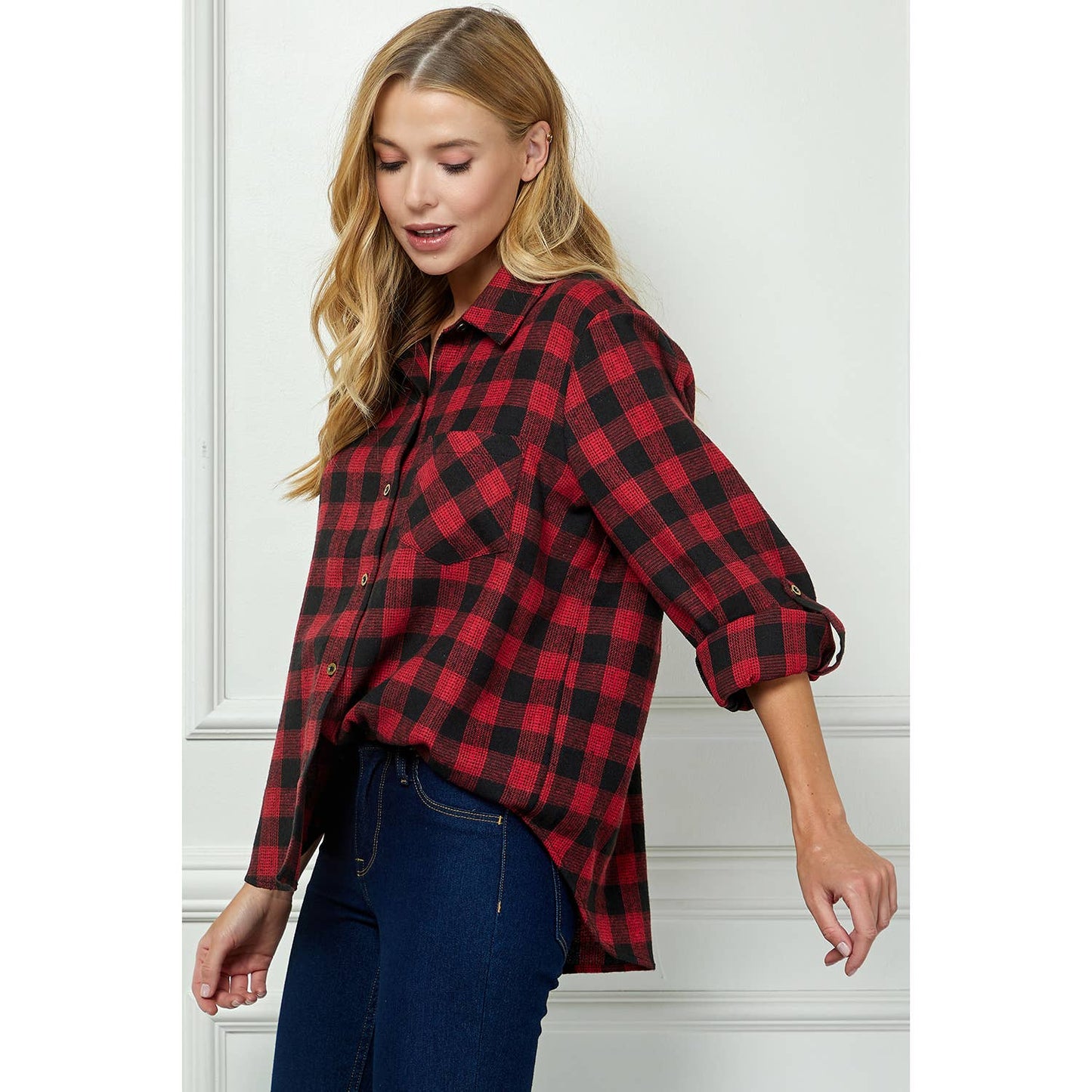 PLAID FLANNEL ROLL SLEEVES  COLLAR NECK SHIRTS : BK/RD / XL