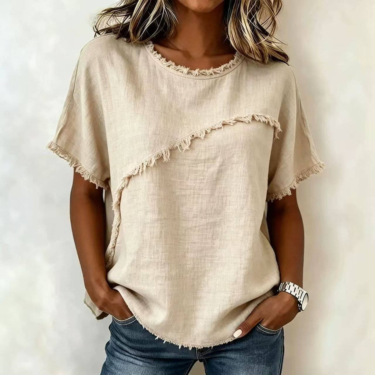 M Frayed Edge Linen Blend Top Round Neck Short Sleeve Casual: Apricot