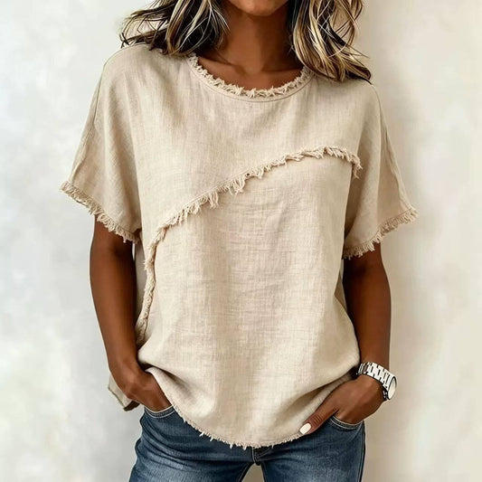 3XL Frayed Edge Linen Blend Top Round Neck Short Sleeve Casual: Apricot