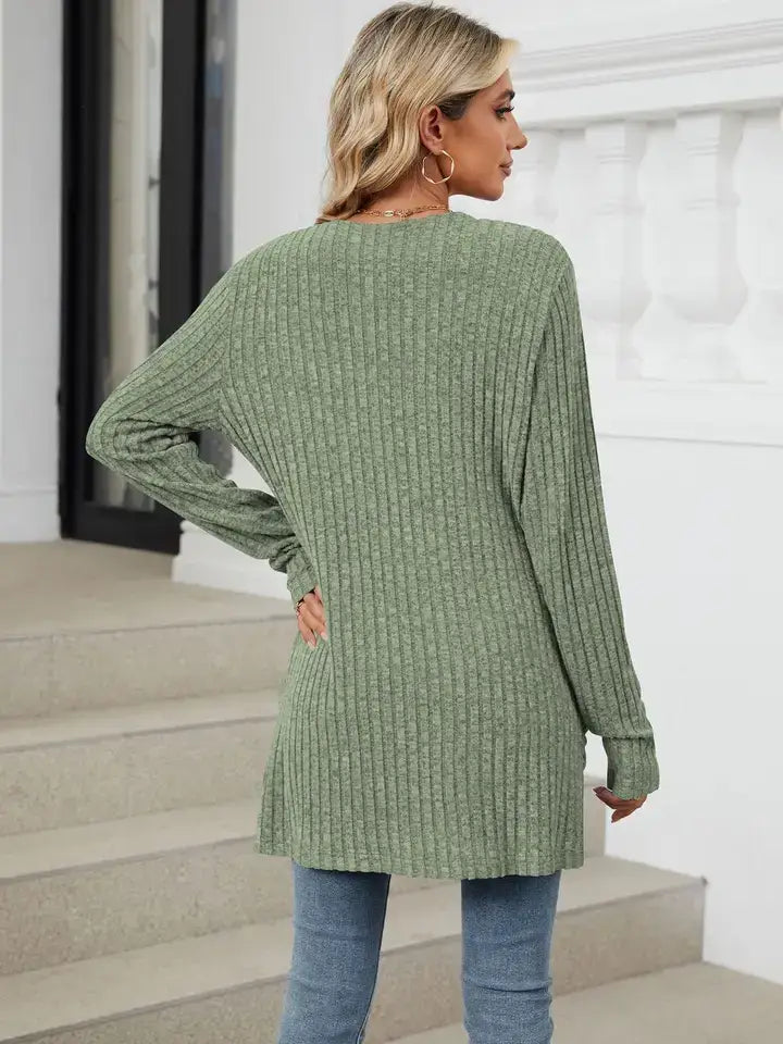 Solid Knit Long Sleeve Pocket Open Front Cardigan: Khaki / 65%Rayon +30%Polyester+ 5%Spandex / S