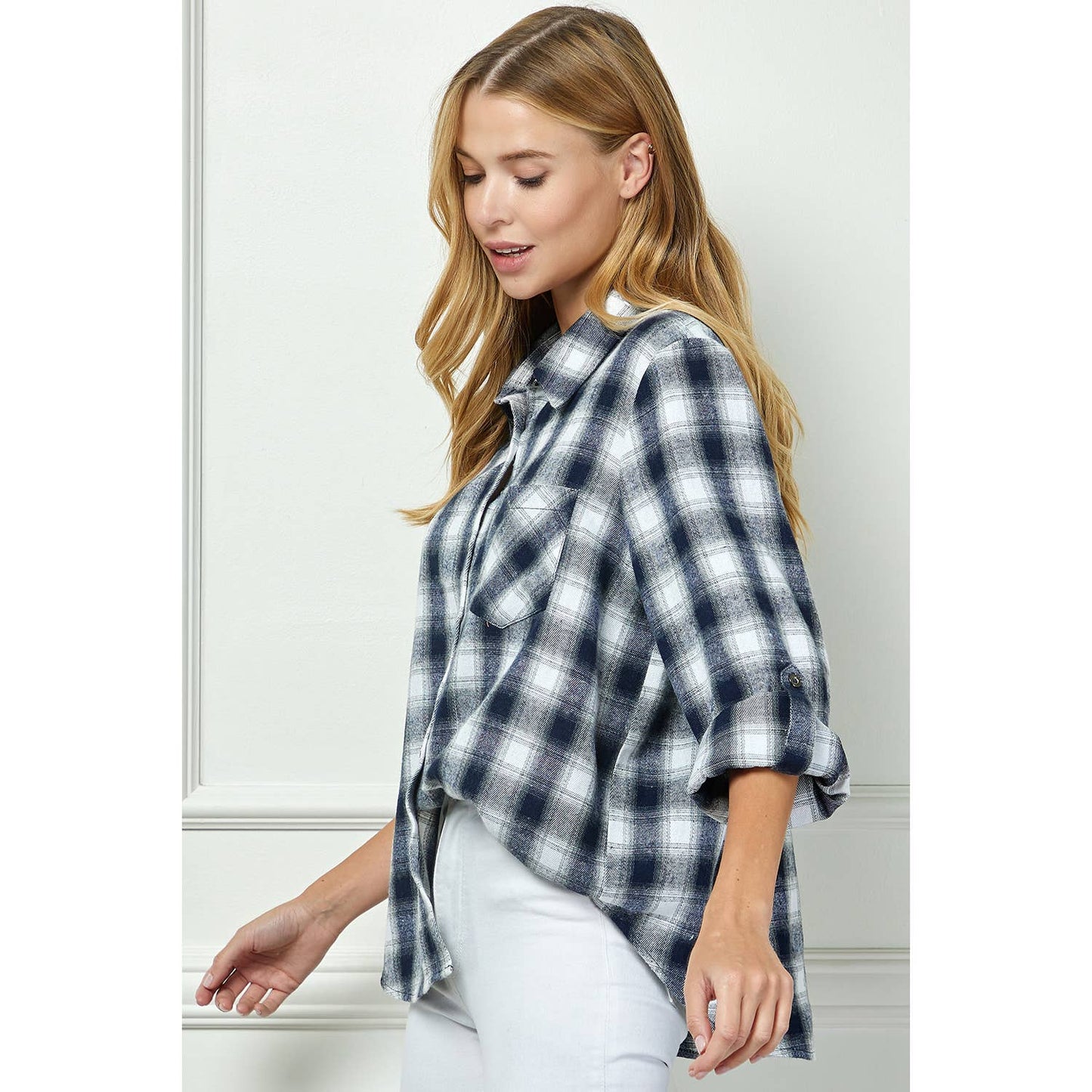 PLAID FLANNEL ROLL SLEEVES  COLLAR NECK SHIRTS: IV/NY / XL