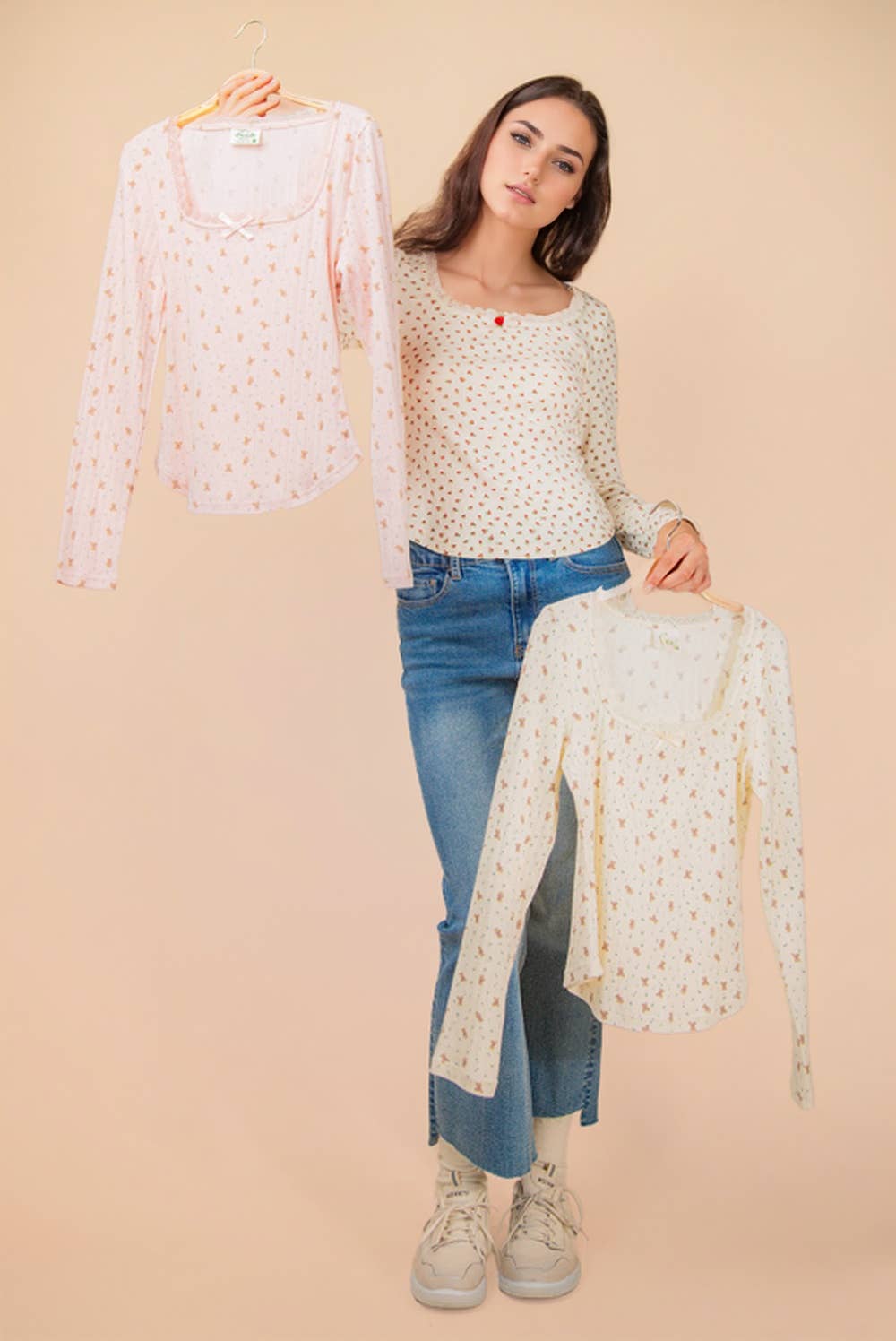 NT12410-Printed Fitted Casual Knit Top: CREAM TEDDY BEAR / S-M-L/2-2-2