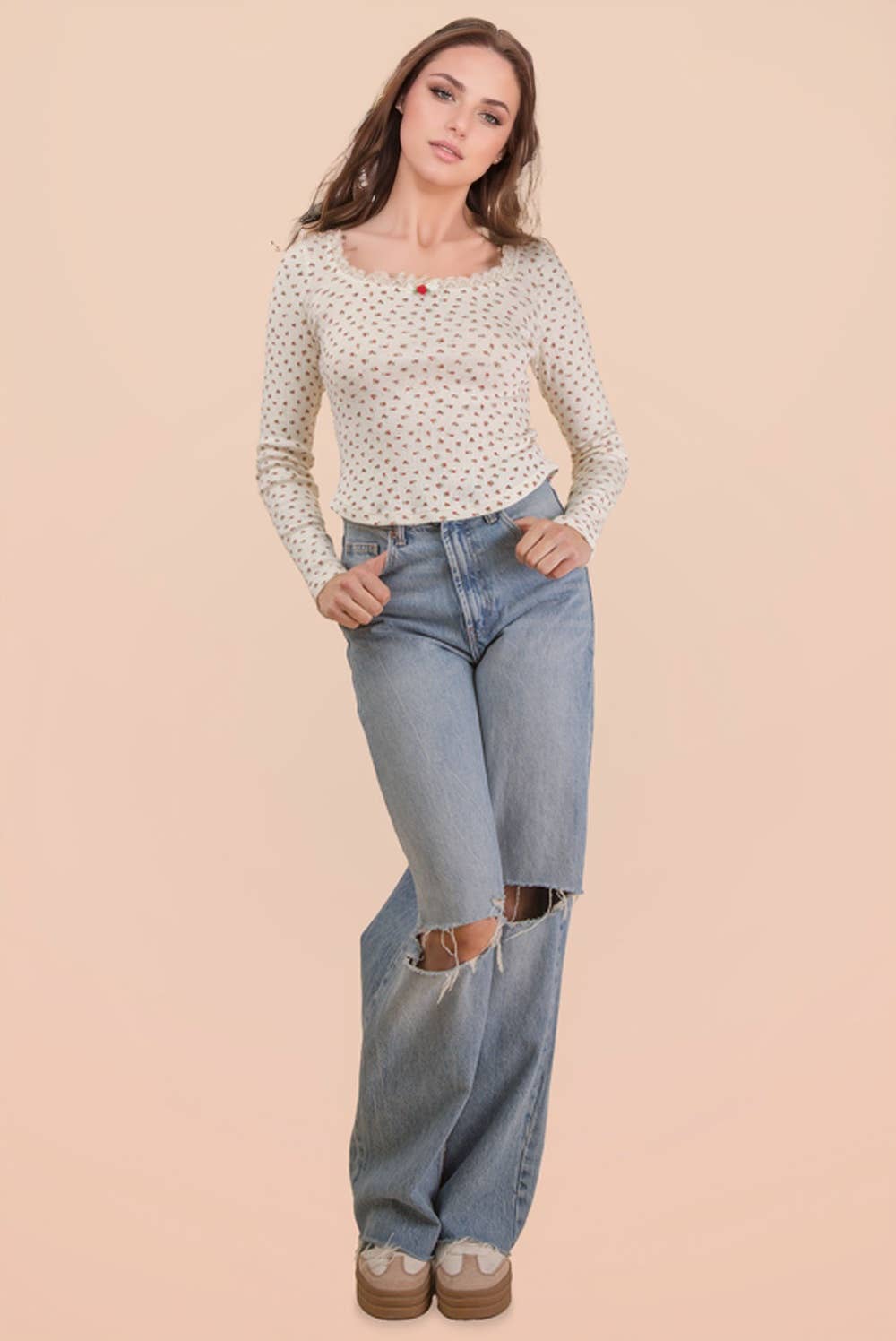 NT12410-Printed Fitted Casual Knit Top: CREAM TEDDY BEAR / S-M-L/2-2-2