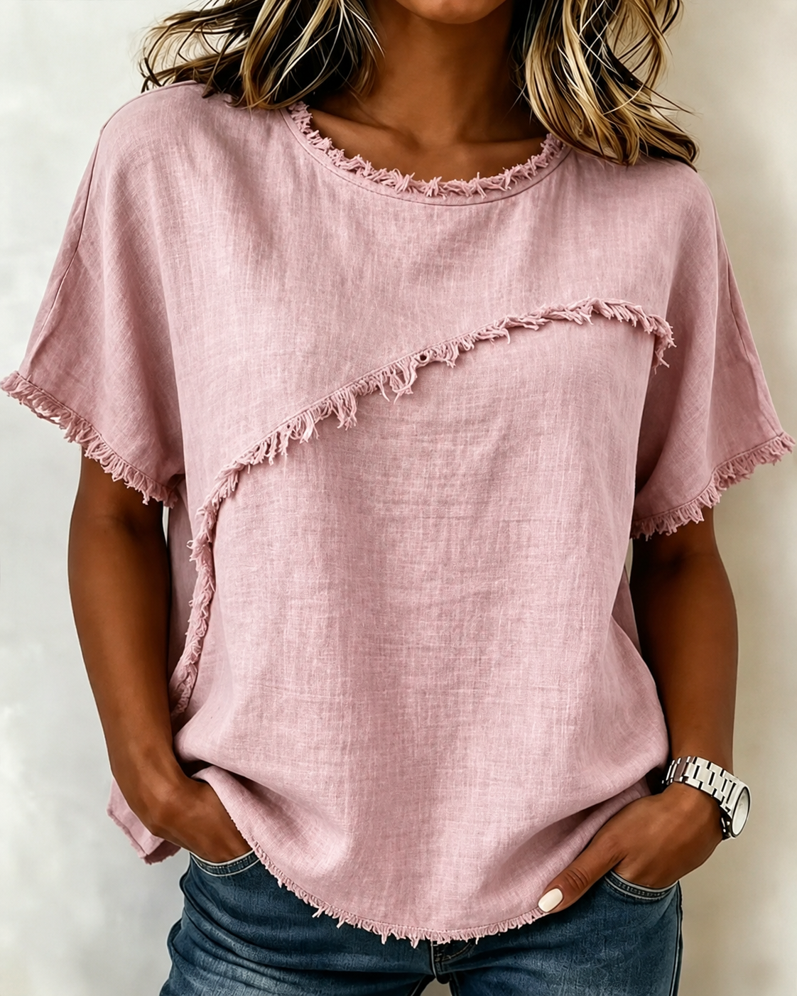 3XL Frayed Edge Linen Blend Top Round Neck Short Sleeve Casual: Apricot