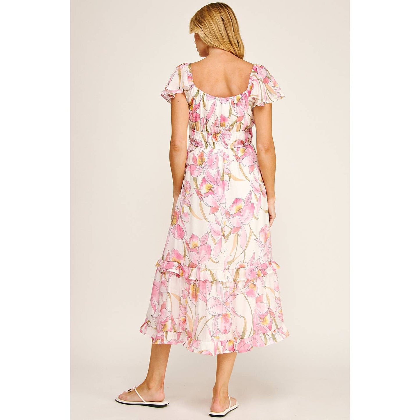 FLUTTER SLEEVE FLORAL TIERED MIDI DRESS: I/P/O / XL