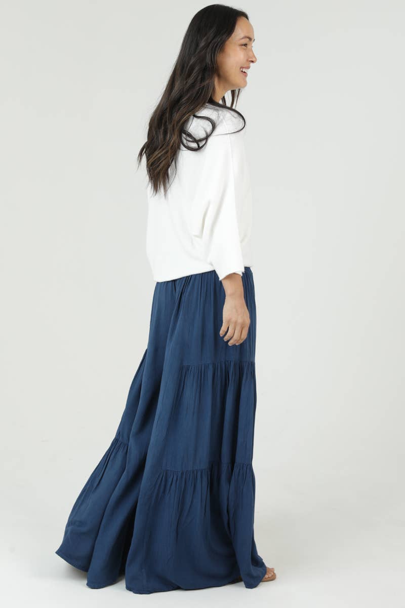 L ACID WASH TIERED WIDE LEG PANTS: CHOCOLATE / L