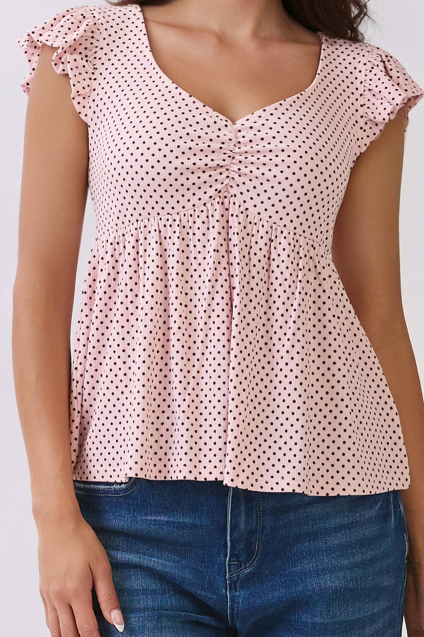 RT57069BP - PRINTED PEPLUM TOP WITH TIE BACK DETAIL: NAVAL ACADEMY/WHT POLKA DOT / S-M-L/2-2-2