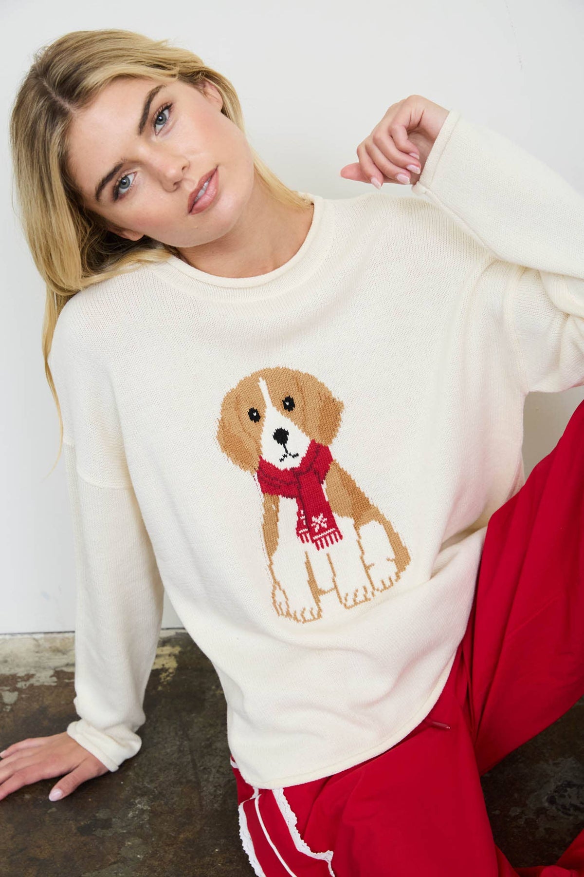 PUPPY MOTIF CREW NECK KNIT PULLOVER: CHOCOLATE BROWN