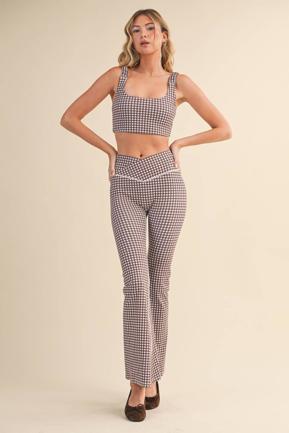 Gingham Print Ruched Bra Top: Pink Gingham / S