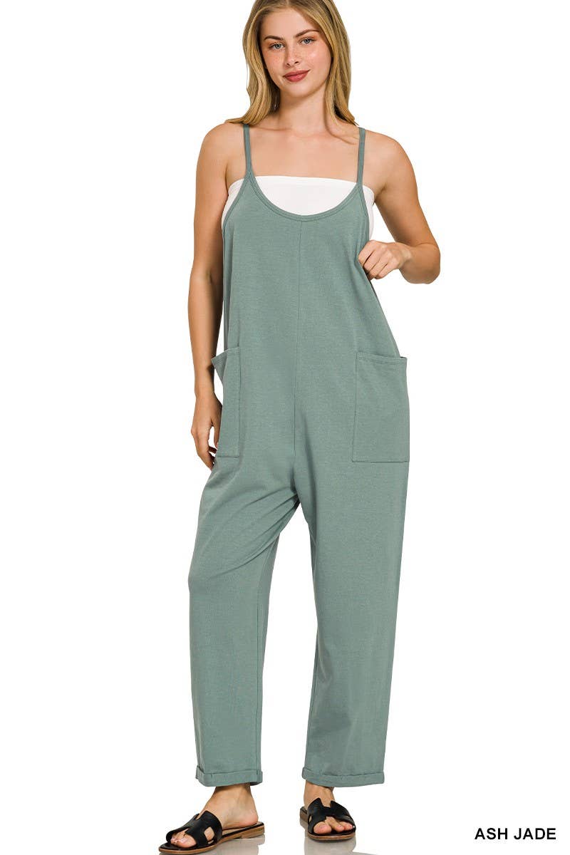 Spaghetti Strap Pocketed Jumpsuit: H LT TEAL]