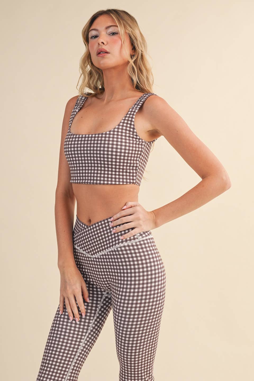 Gingham Print Ruched Bra Top: Pink Gingham / M