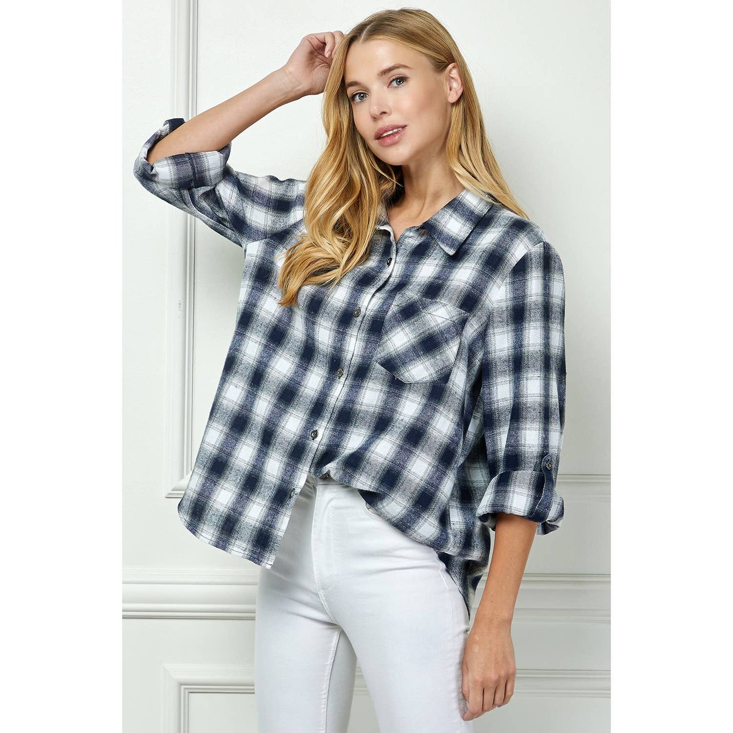 PLAID FLANNEL ROLL SLEEVES  COLLAR NECK SHIRTS: IV/NY / XL