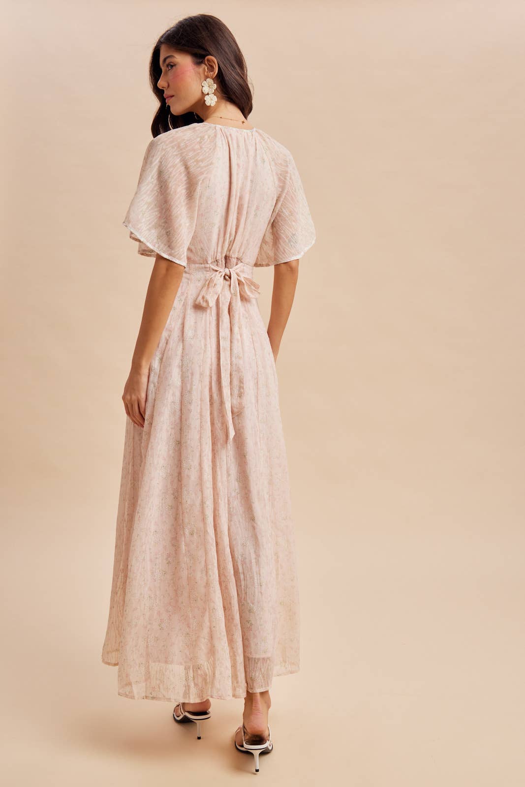 FLOWY FLUTTER SLEEVE BUTTON DOWN MAXI DRESS: DUSTY PINK / L