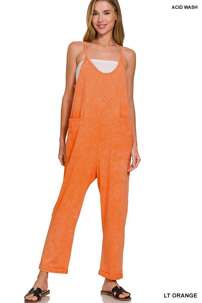 Washed Spaghetti Straps Overalls With Pockets: B LAVENDER