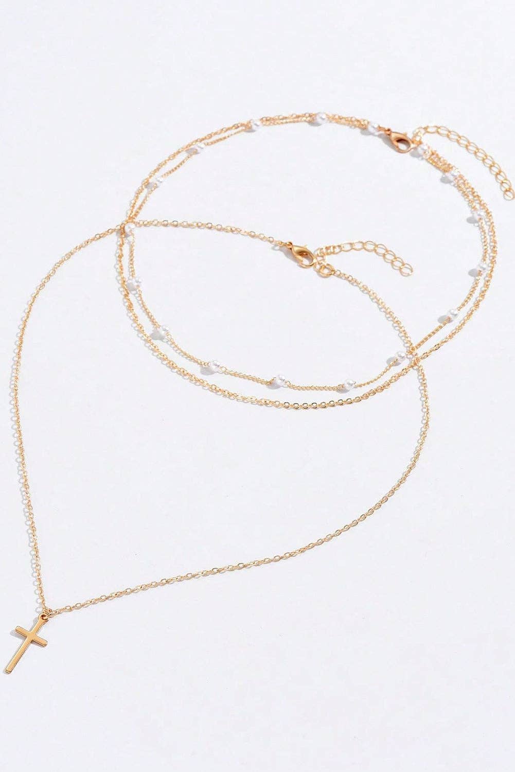 Gold Plated Cross Pendant Pearl Decor Triple Layer Chain Necklace: Gold / 100%Alloy / ONE SIZE