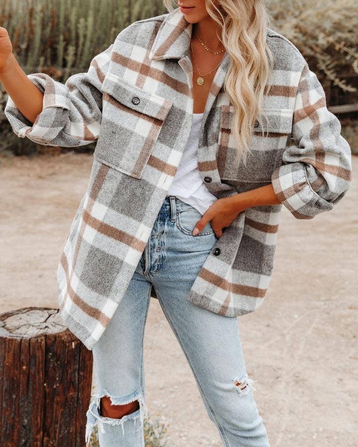 Women's Plaid Button Down Flannel Shirt Jacket – Cozy & Stylish: Light gray / 100%Polyester / S