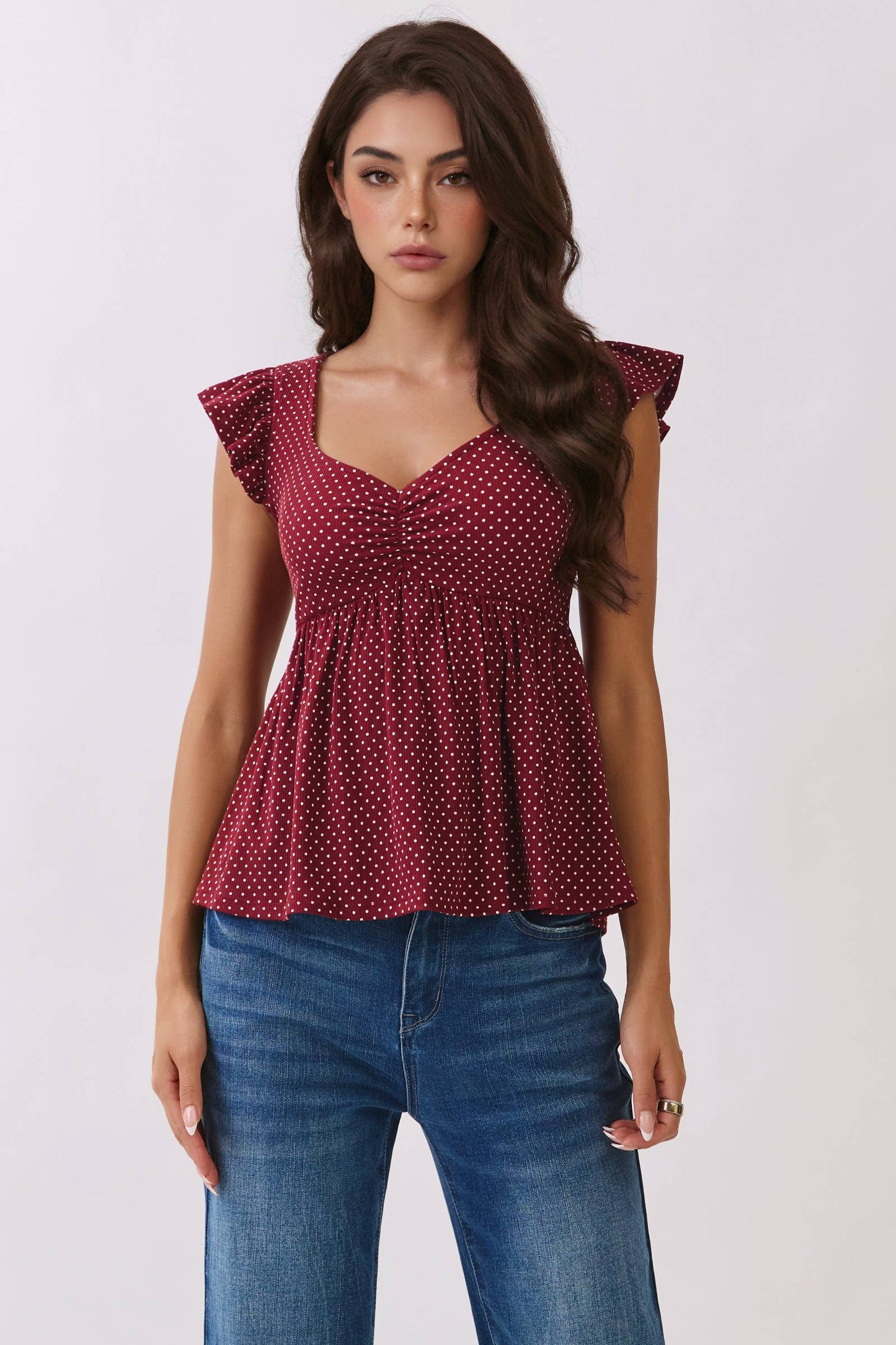 RT57069BP - PRINTED PEPLUM TOP WITH TIE BACK DETAIL: NAVAL ACADEMY/WHT POLKA DOT / S-M-L/2-2-2
