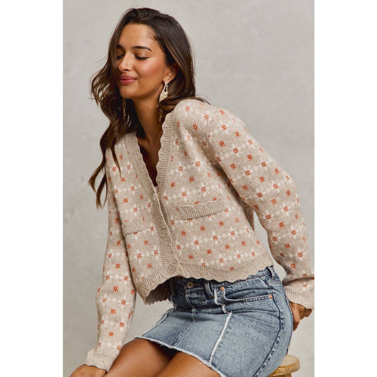 M FLORAL PATTERNED BUTTON DOWN SWEATER CARDIGAN: GREY OATMEAL / M