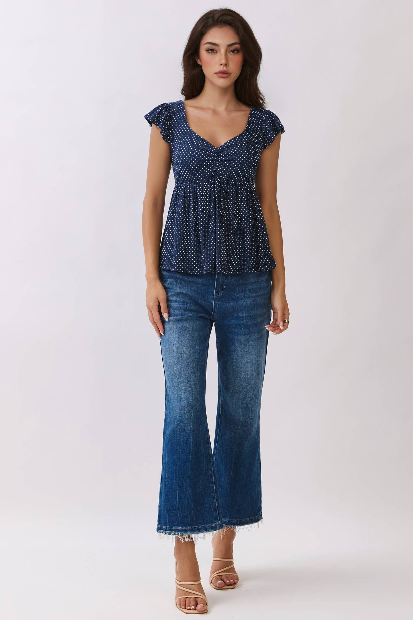 RT57069BP - PRINTED PEPLUM TOP WITH TIE BACK DETAIL: NAVAL ACADEMY/WHT POLKA DOT / S-M-L/2-2-2
