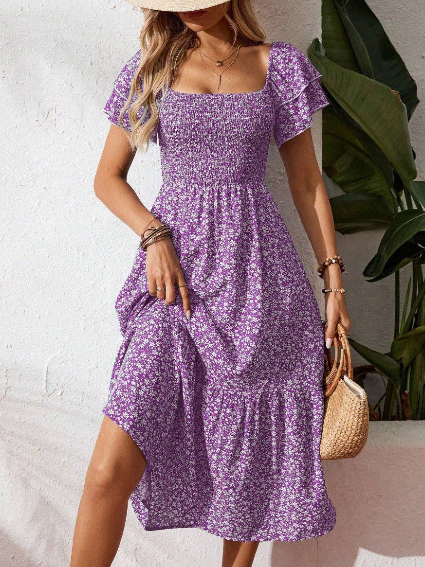 Floral Square Neck Smocked Short Sleeve Maxi Summer Dress: Purple / 100%Polyester / XL