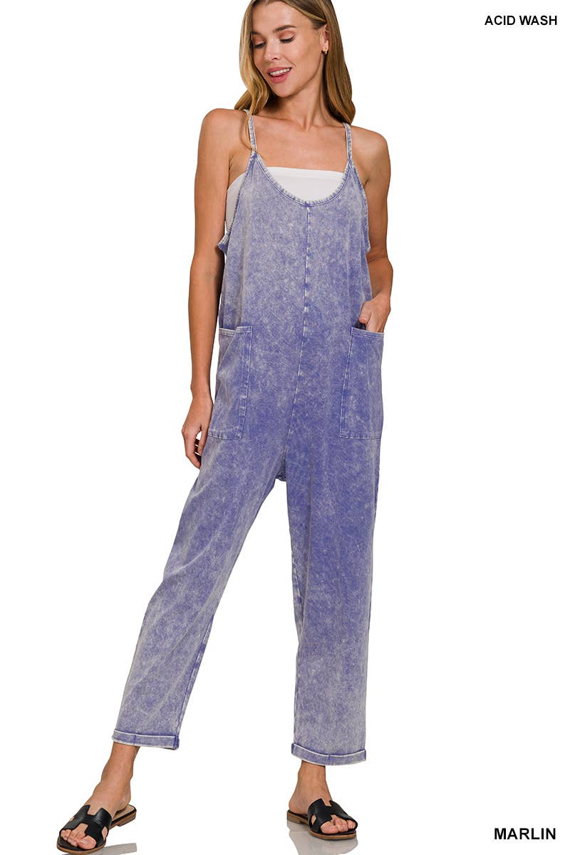 Washed Spaghetti Straps Overalls With Pockets: B LAVENDER