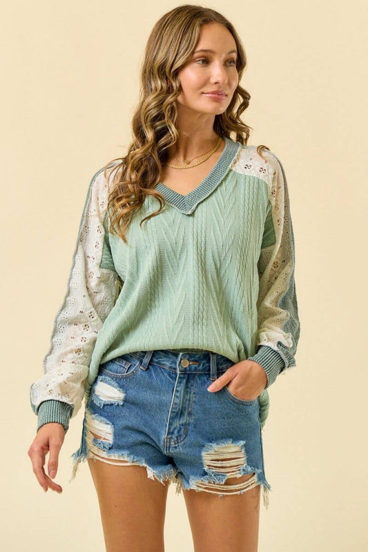 Grace In Layers Cable Knit Top: SAGE / 2-2-2-2(S-M-L-XL)