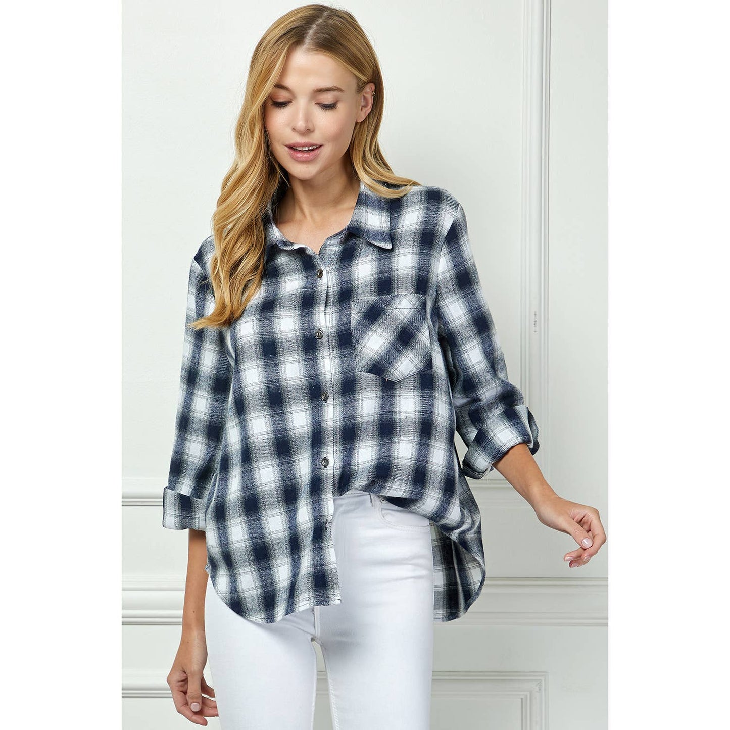 PLAID FLANNEL ROLL SLEEVES  COLLAR NECK SHIRTS: IV/NY / M