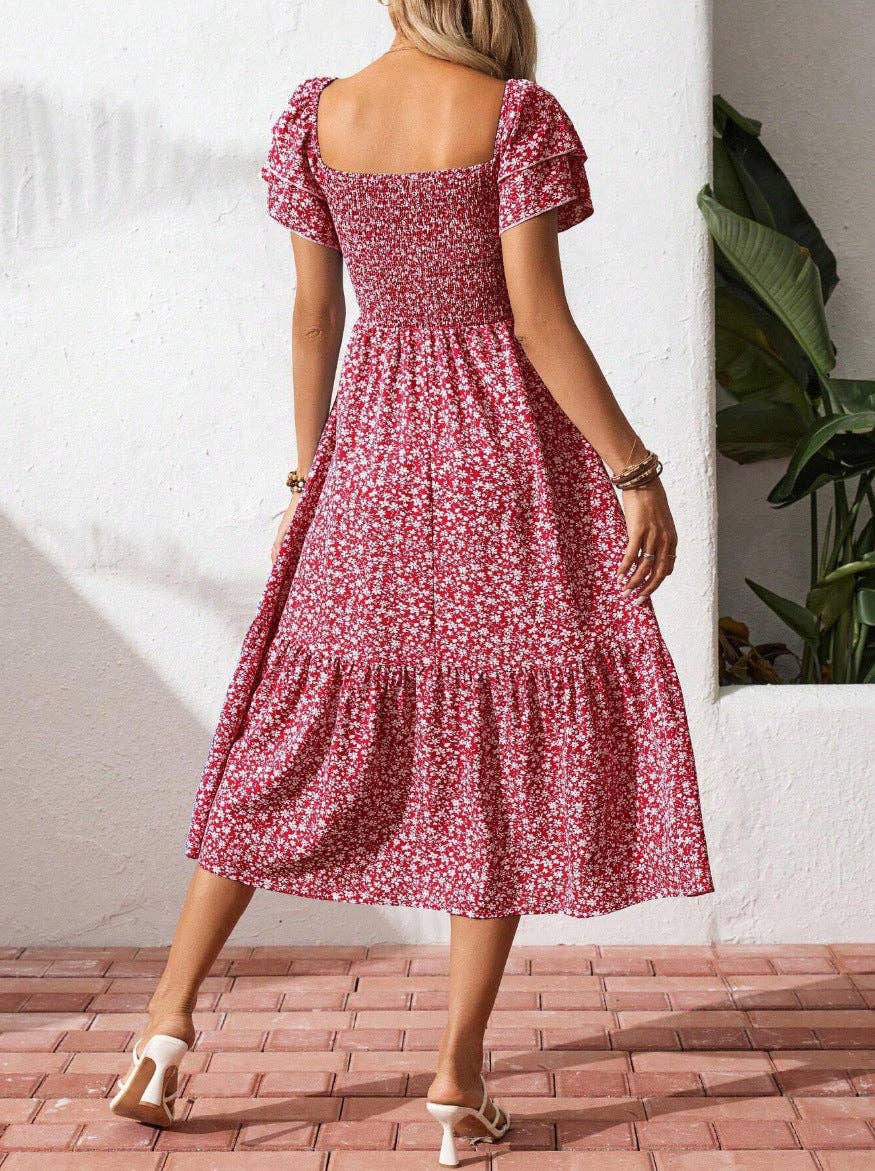 Floral Square Neck Smocked Short Sleeve Maxi Summer Dress: Purple / 100%Polyester / XL