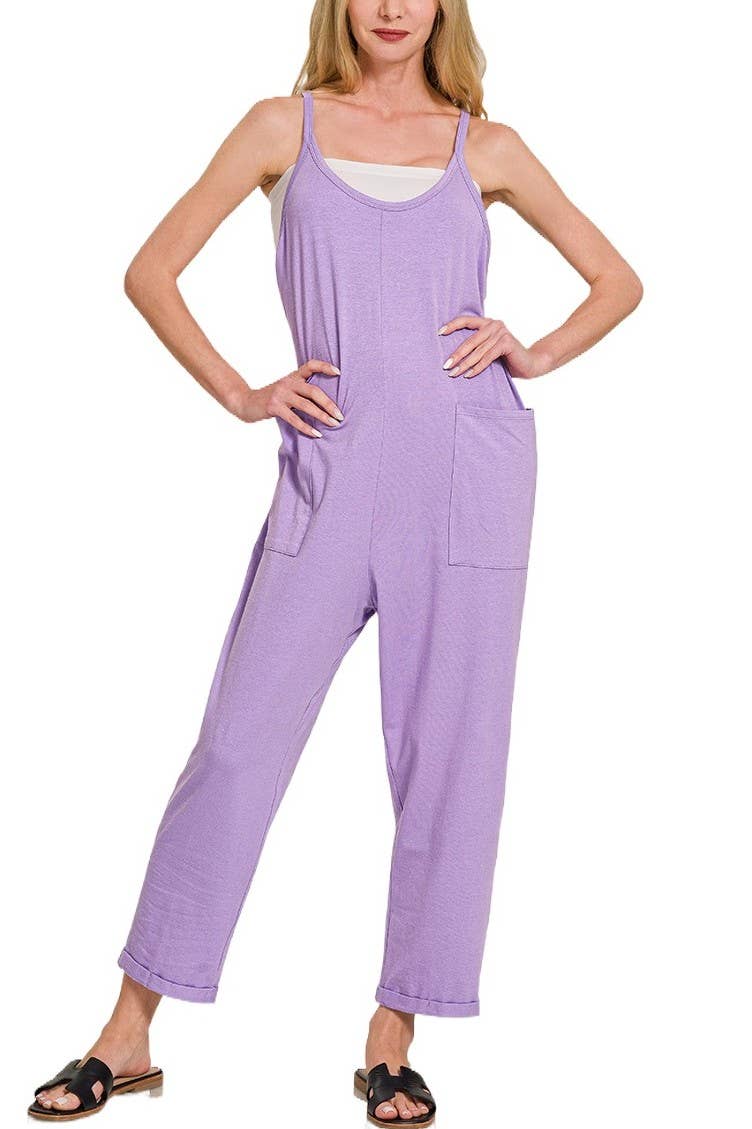 Spaghetti Strap Pocketed Jumpsuit: H LT TEAL]