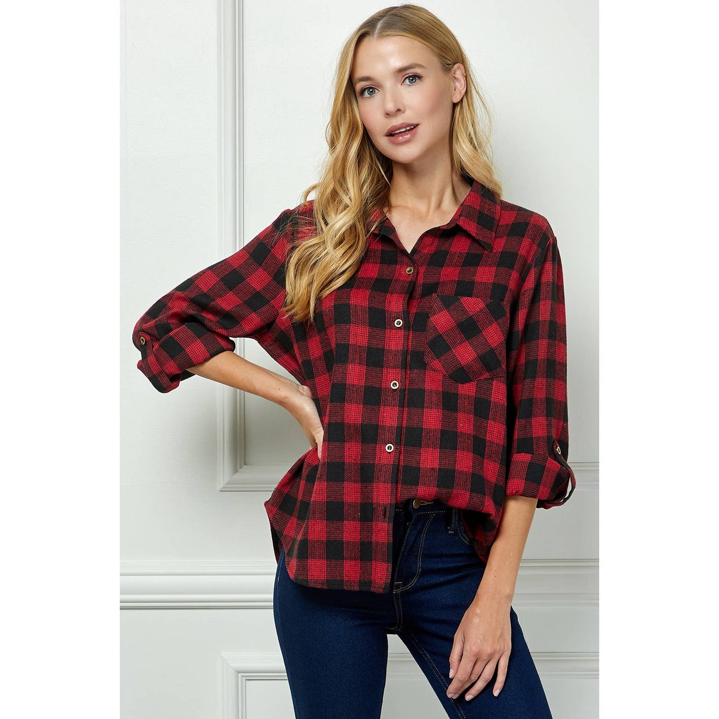 PLAID FLANNEL ROLL SLEEVES  COLLAR NECK SHIRTS : BK/RD / XL