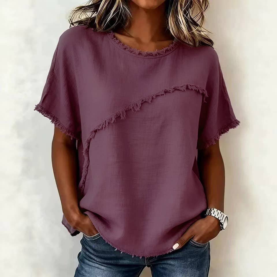 L Frayed Edge Linen Blend Top Round Neck Short Sleeve Casual: Apricot