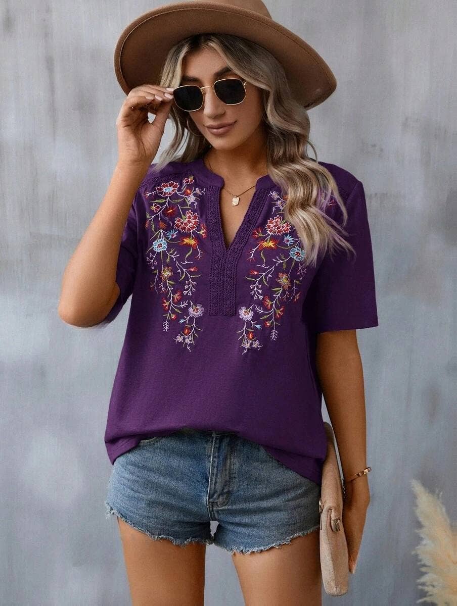 Summer Women's 10,000-Needle Embroidered Lace Spliced Top: Green / XL