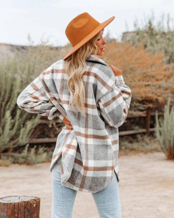 Women's Plaid Button Down Flannel Shirt Jacket – Cozy & Stylish: Light gray / 100%Polyester / S