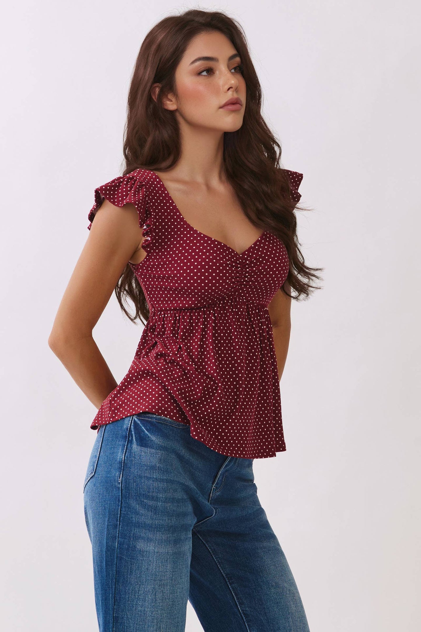 RT57069BP - PRINTED PEPLUM TOP WITH TIE BACK DETAIL: NAVAL ACADEMY/WHT POLKA DOT / S-M-L/2-2-2